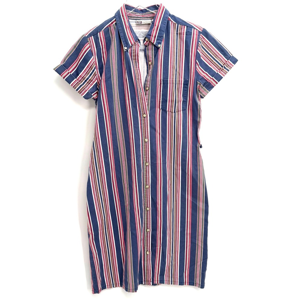 VTG 90s Faded Glory Striped Shirt Dress Size M Navy Red Cotton Button Front